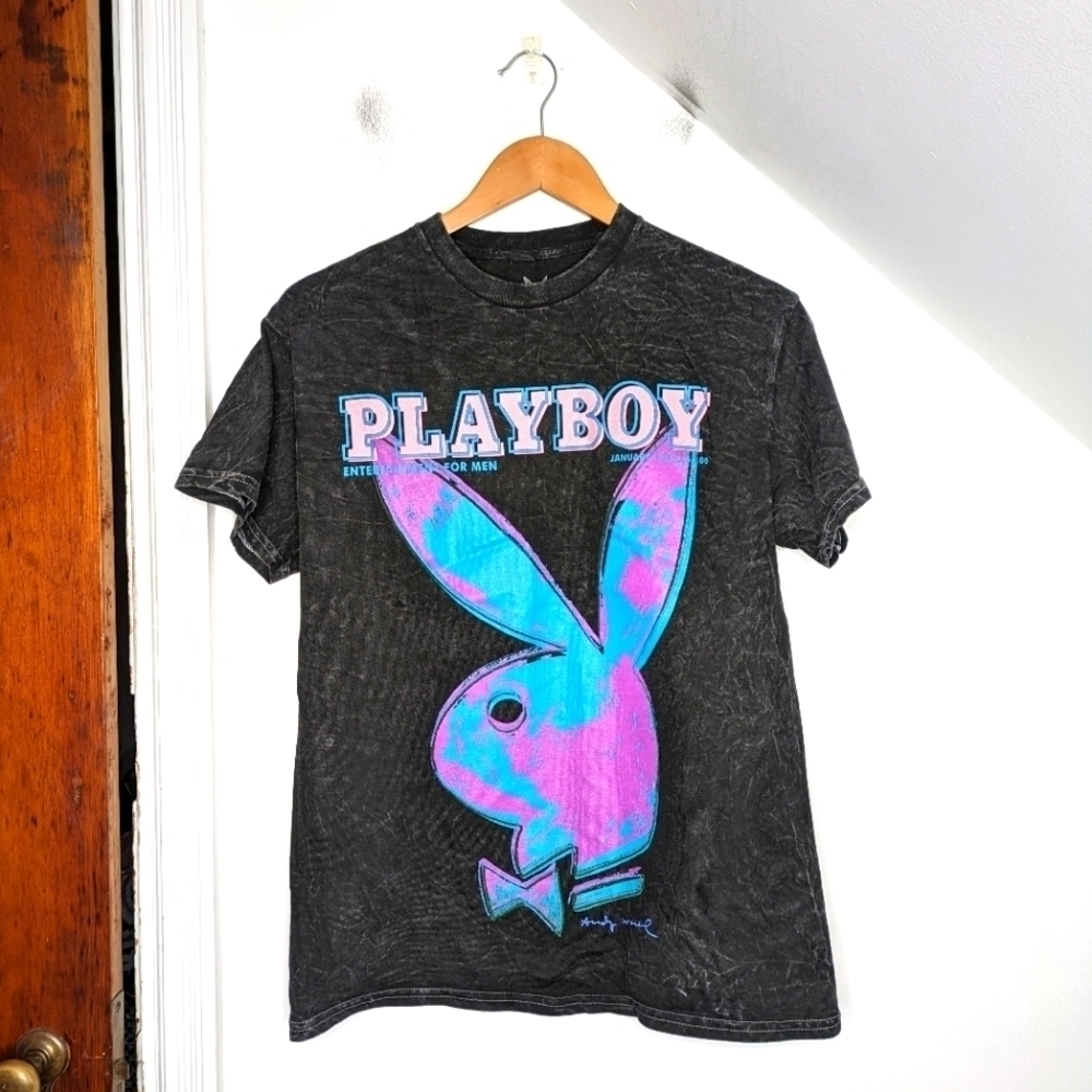 PLAYBOY Unisex Black Cotton Bunny Ears Graphic Band Tee NEW Size S